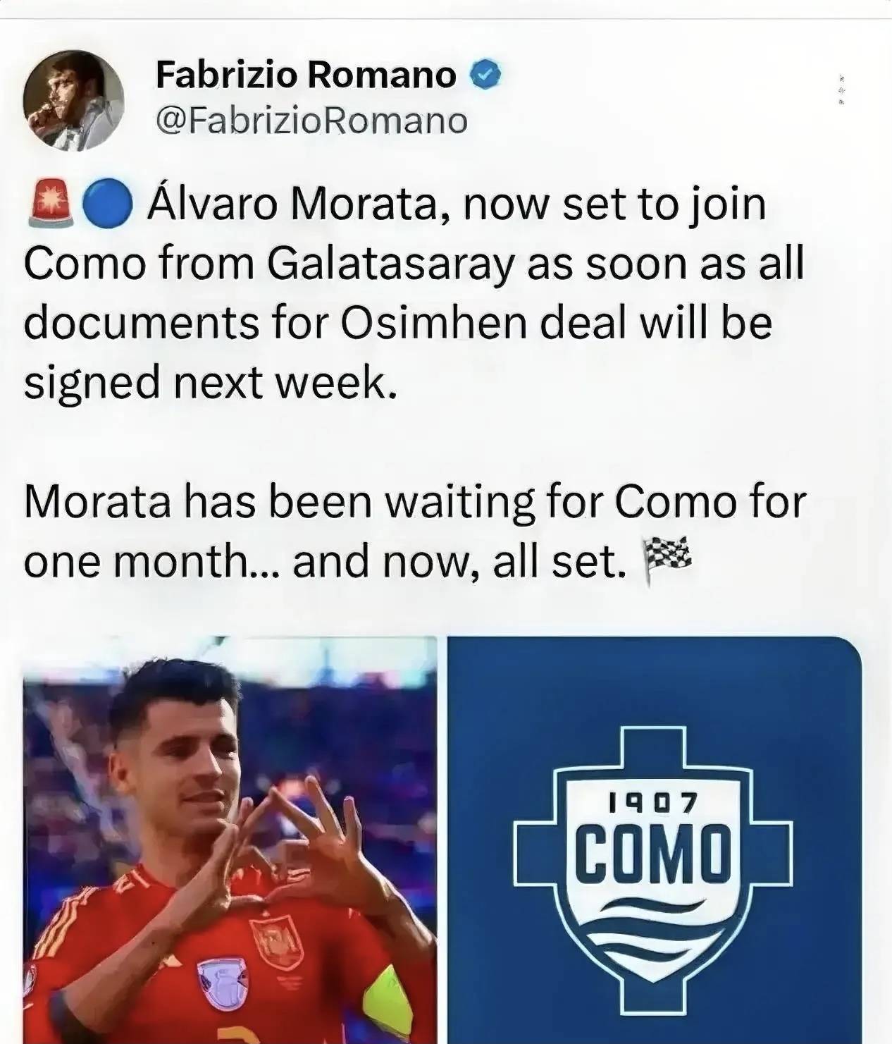 意甲媒体透露：米兰与加拉塔萨雷俱乐部达成一致，莫拉塔提前结束租借，然后加盟科莫俱乐部